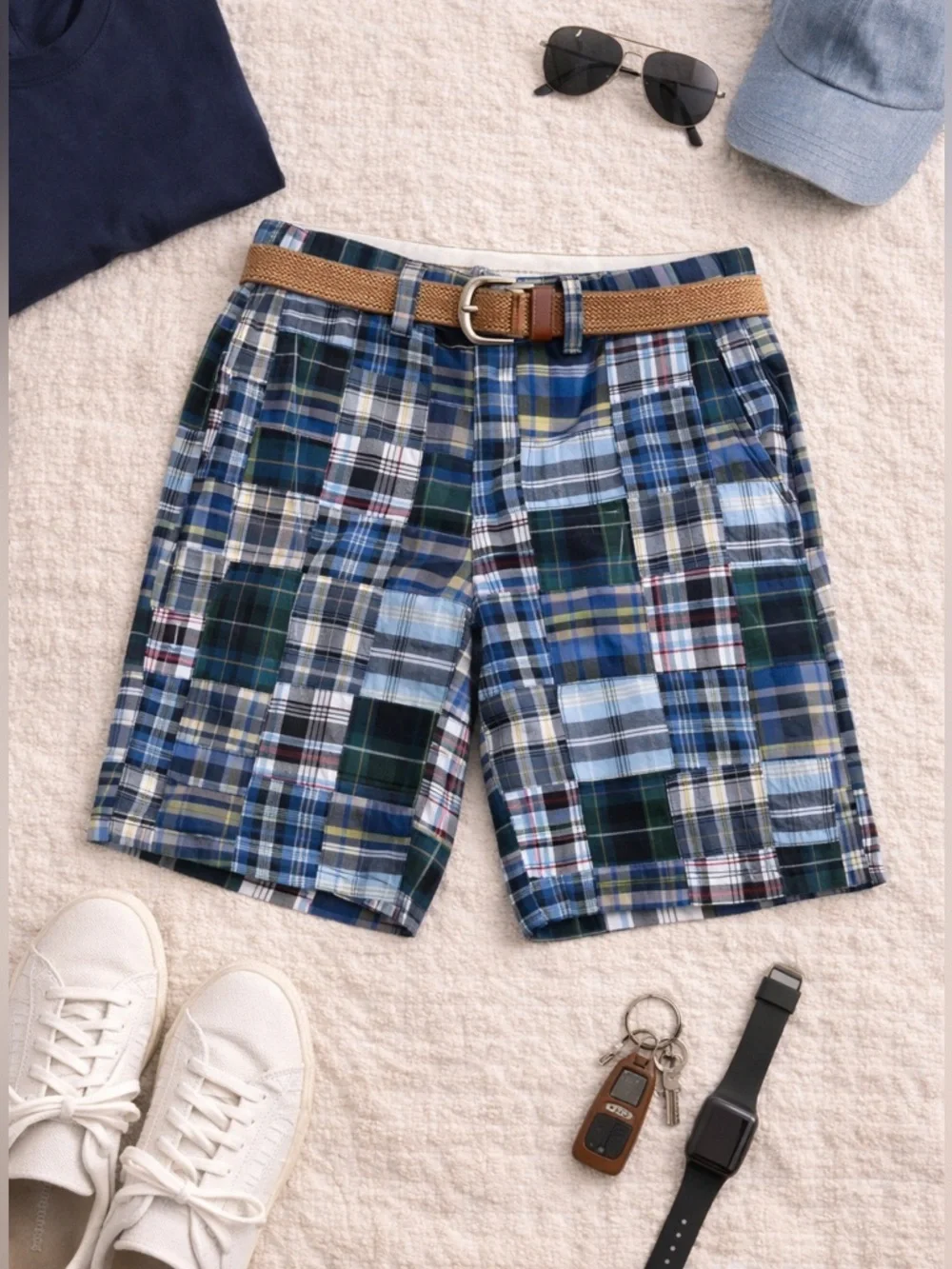 J Crew Madras Patchwork Shorts Mens 33 Cotton Preppy Plaid Casual